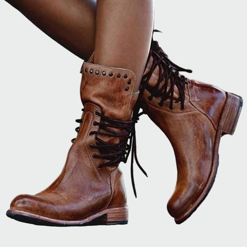 Ana - Botines De Piel Gris Con Cordones Y Tacón Pulido Marta