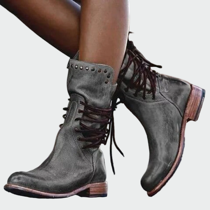 Ana - Botines De Piel Gris Con Cordones Y Tacón Pulido Marta