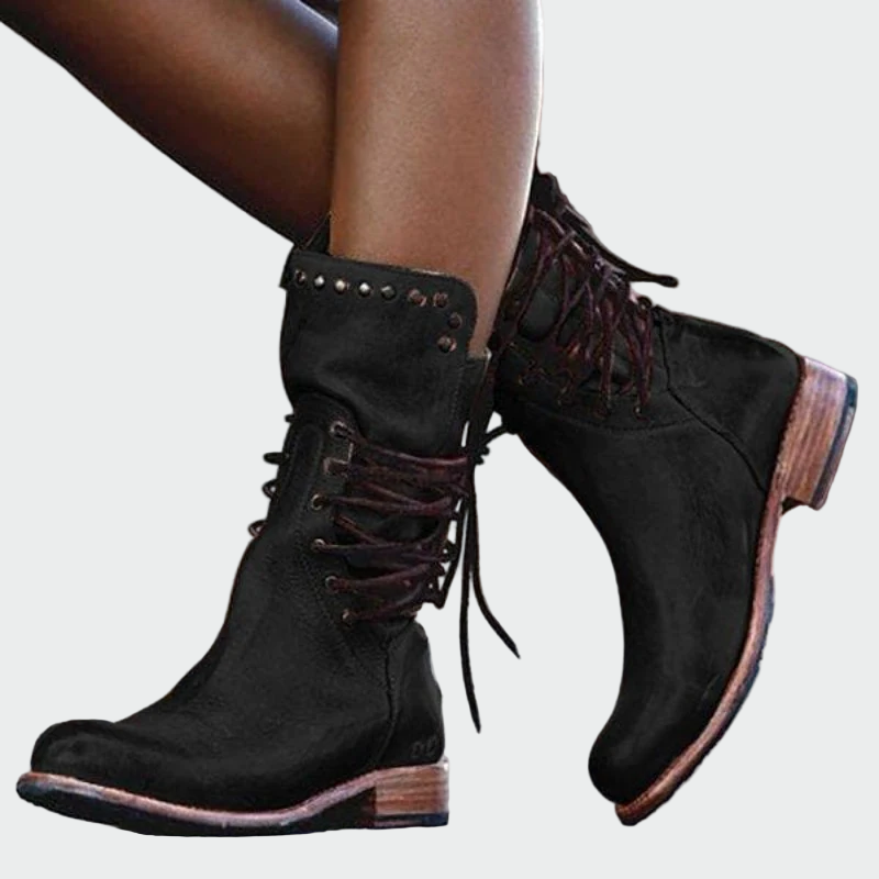 Ana - Botines De Piel Gris Con Cordones Y Tacón Pulido Marta