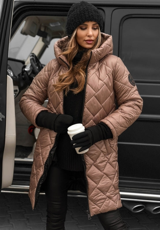 Chaqueta Acolchada para Damas con Capucha — Diseño de Cuadros y Cierre de Cremallera