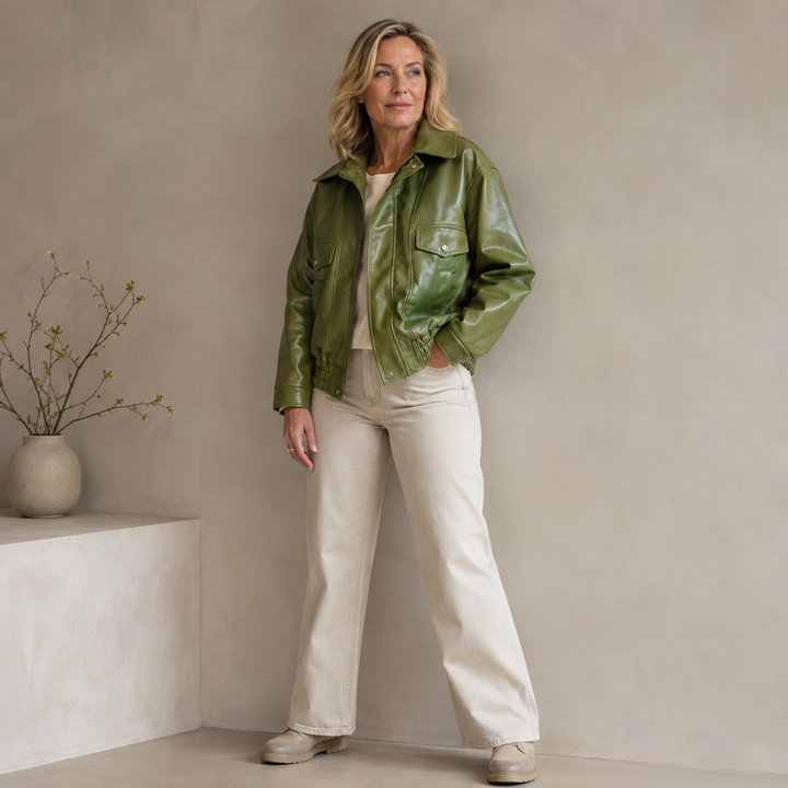 Chaqueta de Cuero Verde Vintage Emeryn para Damas