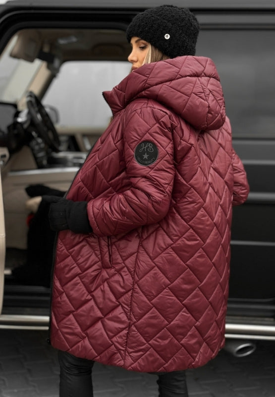 Chaqueta Acolchada para Damas con Capucha — Diseño de Cuadros y Cierre de Cremallera