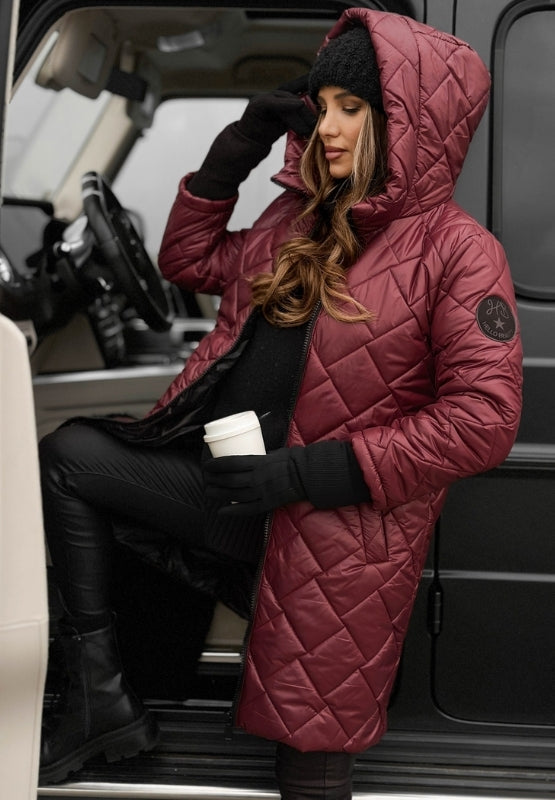 Chaqueta Acolchada para Damas con Capucha — Diseño de Cuadros y Cierre de Cremallera