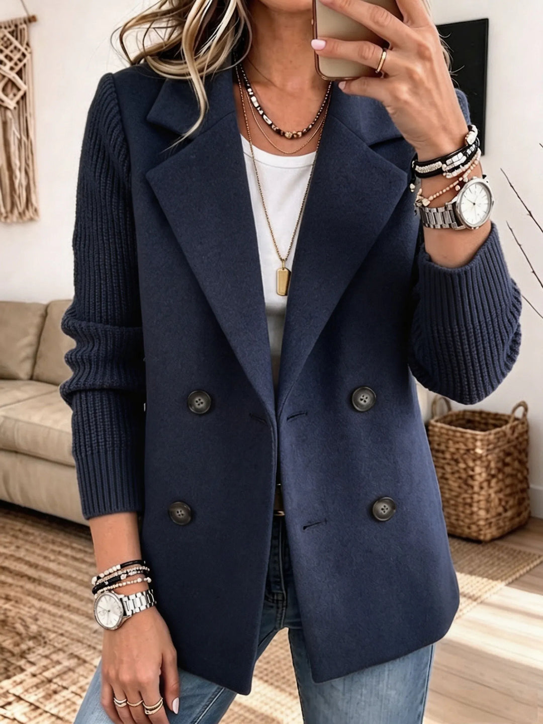 Blazer para Damas con Mangas Tejidas — Elegante y Cálido