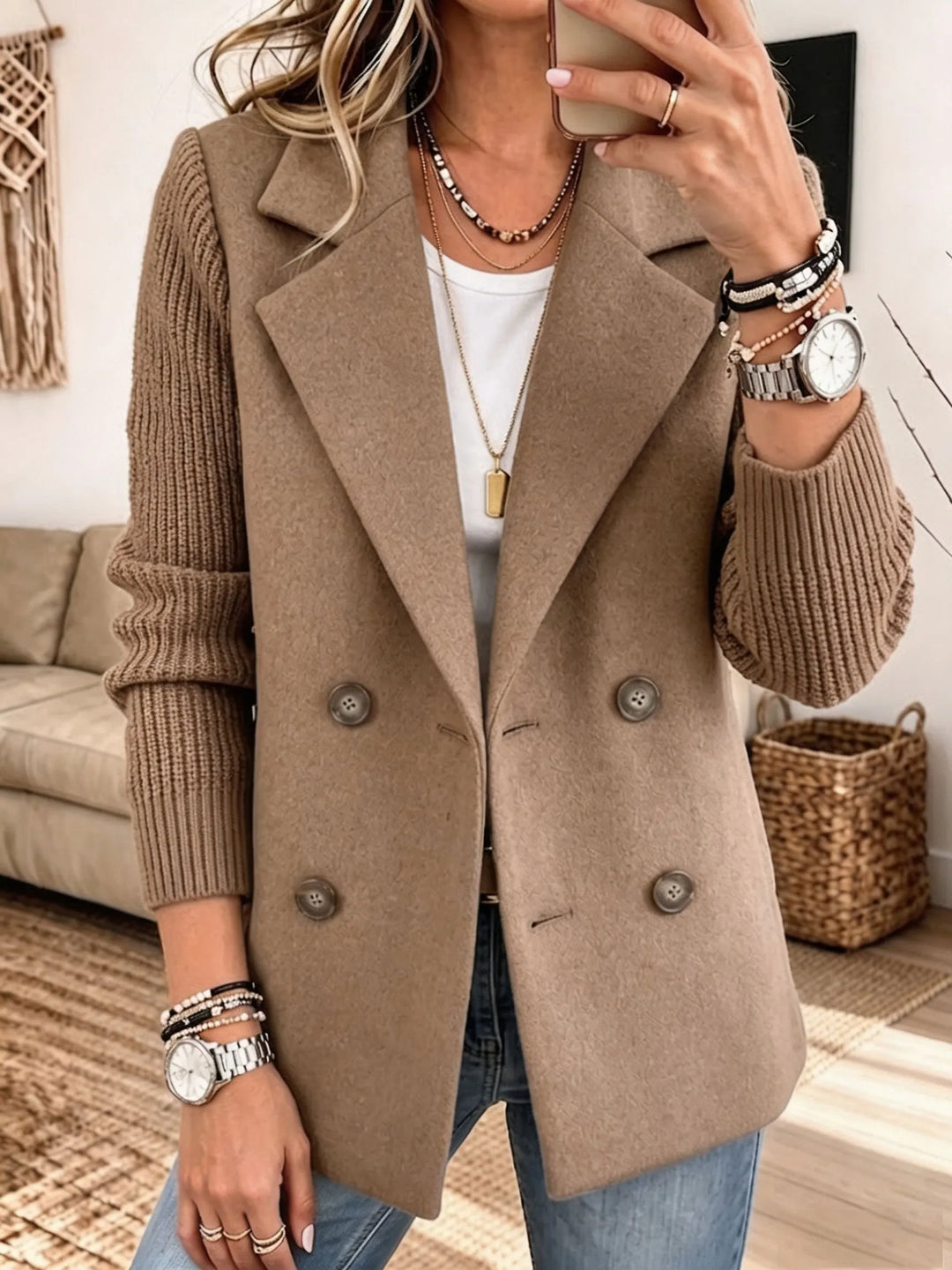 Blazer para Damas con Mangas Tejidas — Elegante y Cálido