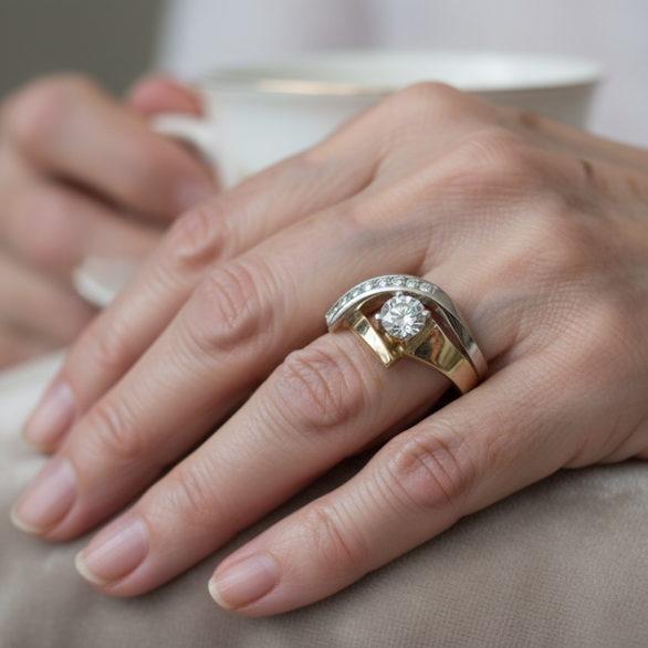 Anillo Vintage Irregular en Oro y Plata con Zirconia