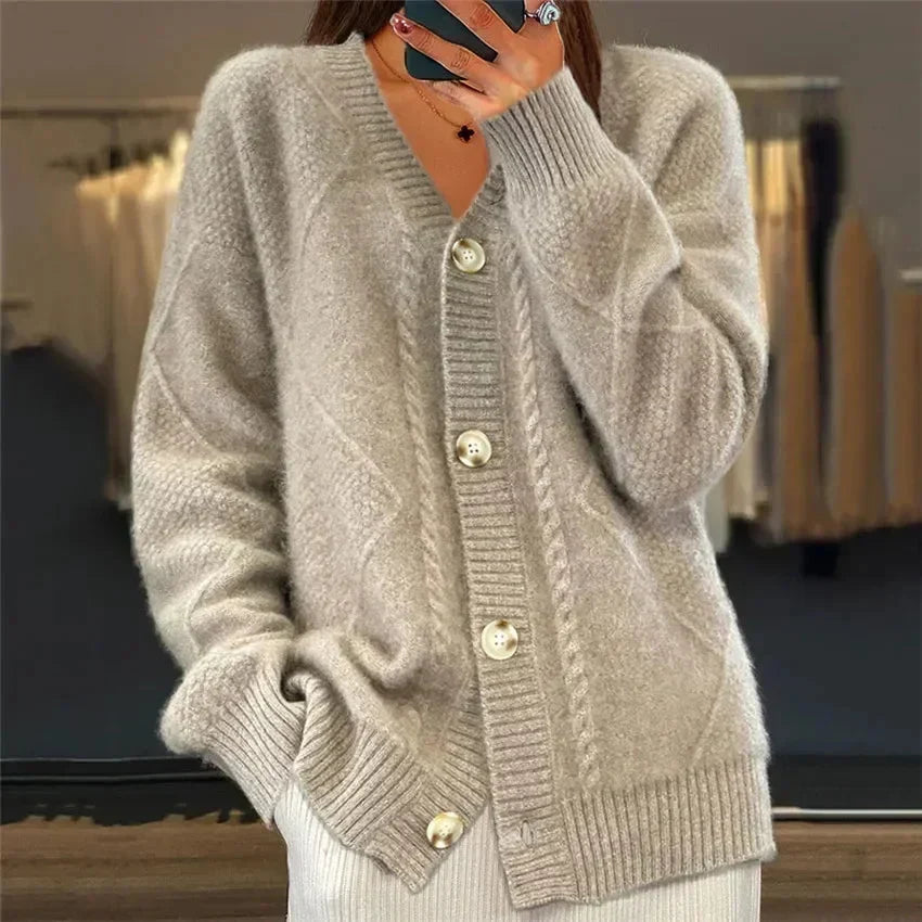 Aaliyah | Cardigan de Frente con Botones y Escote en V con Detalle de Tejido de Diamante, Capa Diaria