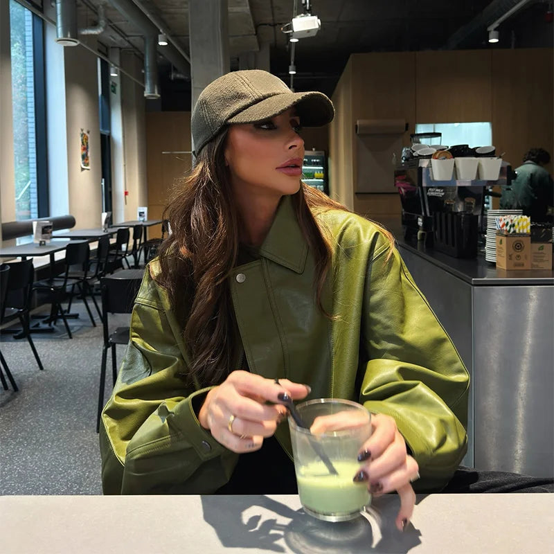 Chaqueta de Cuero Verde Vintage Emeryn para Damas
