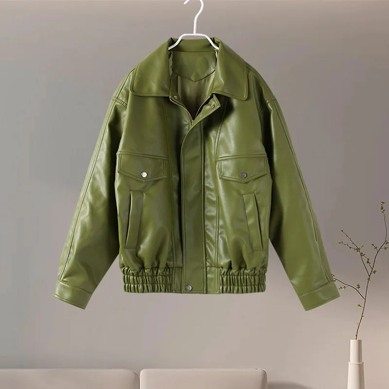 Chaqueta de Cuero Verde Vintage Emeryn para Damas
