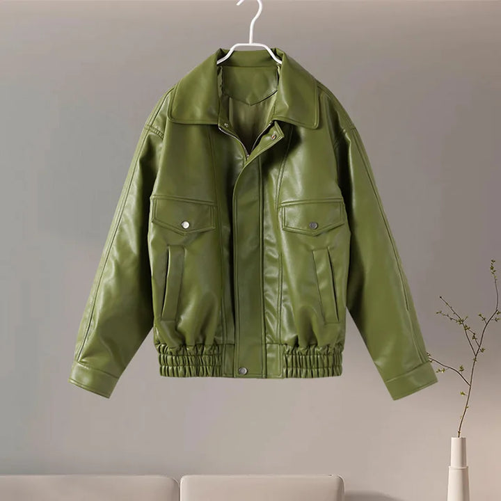 Chaqueta de Cuero Verde Vintage Emeryn para Damas