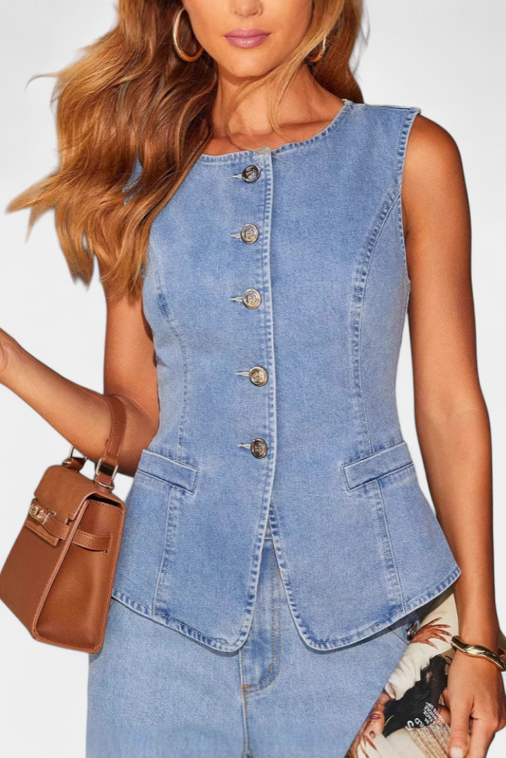 Ludovica Denim Set with Fitted Vest and Wide Leg Jeans