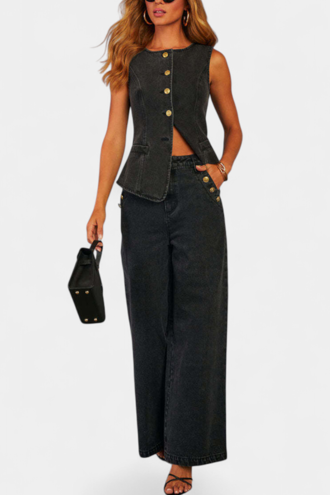 Ludovica Denim Set with Fitted Vest and Wide Leg Jeans