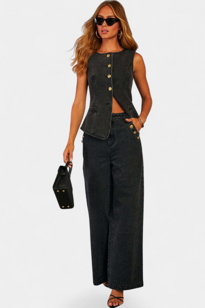 Ludovica Denim Set with Fitted Vest and Wide Leg Jeans