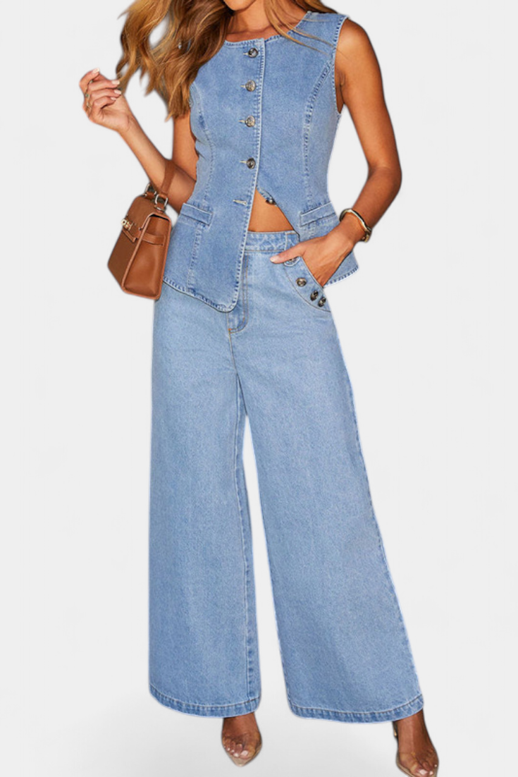 Ludovica Denim Set with Fitted Vest and Wide Leg Jeans