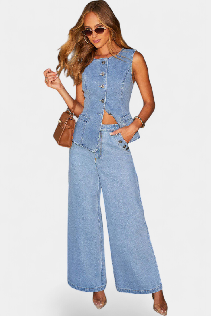 Ludovica Denim Set with Fitted Vest and Wide Leg Jeans