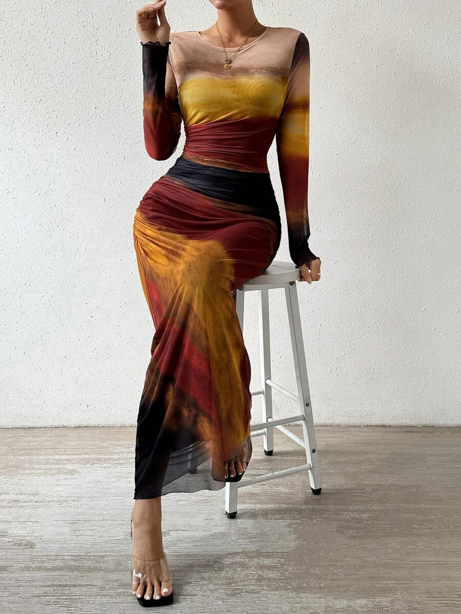 Natalia | Vestido Maxi Bodycon de Manga Larga Impreso y Cómodo