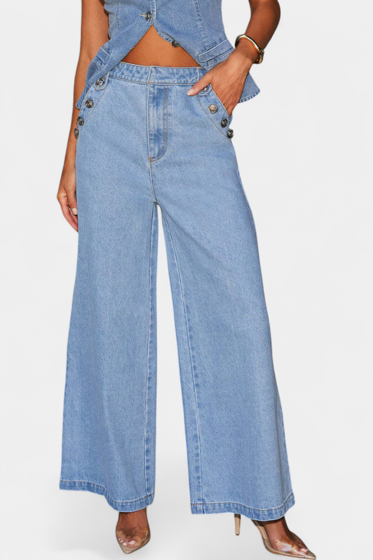 Ludovica Denim Set with Fitted Vest and Wide Leg Jeans