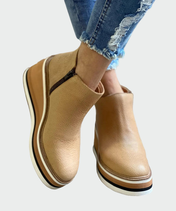 Celia - Elegant Camel Leather Ankle Boots with Platform