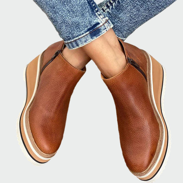 Celia - Elegant Camel Leather Ankle Boots with Platform