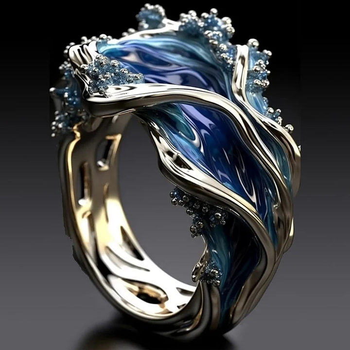 Anillo retro de plata y oro "Océano Ondulado"