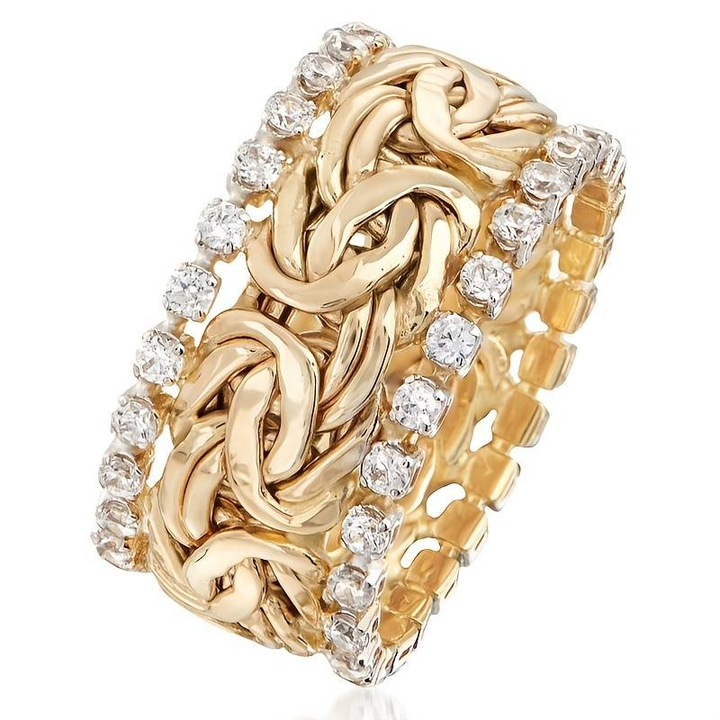Anillo trenzado retro de oro con circonitas