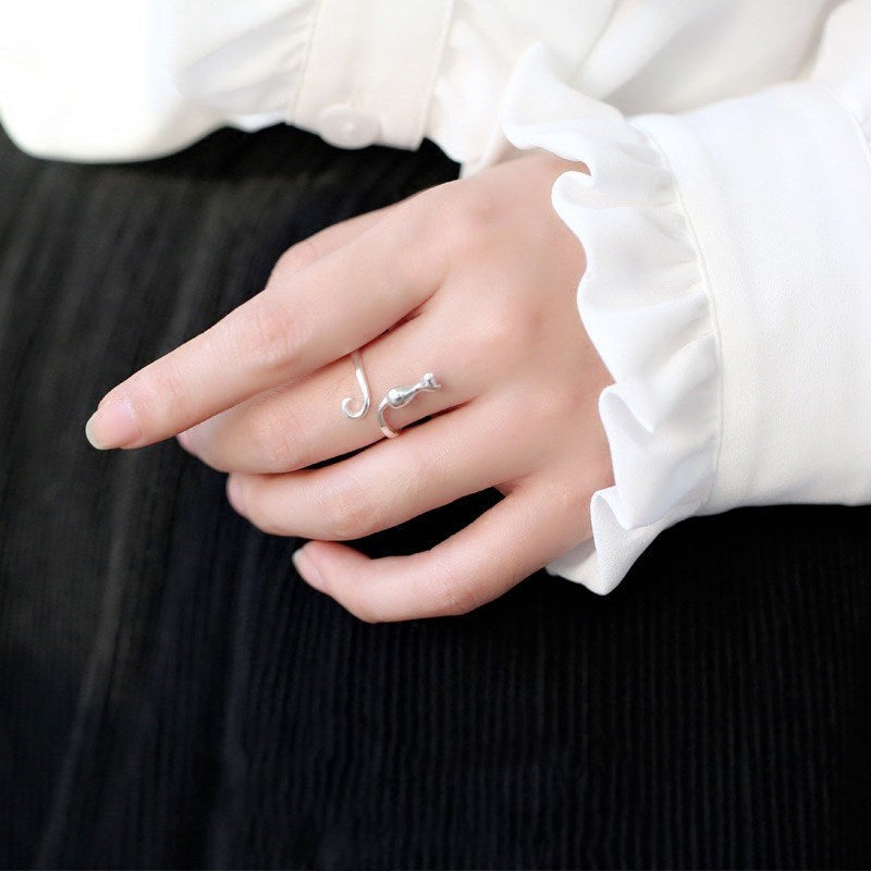 Anillo Ajustable con Gatito en Plata