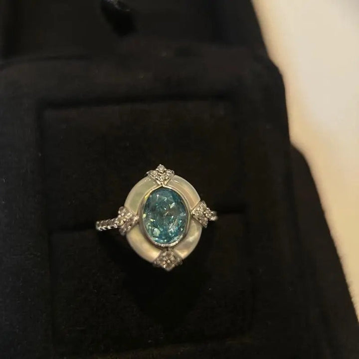 Anillo retro ajustable en plata blanca con amazonita
