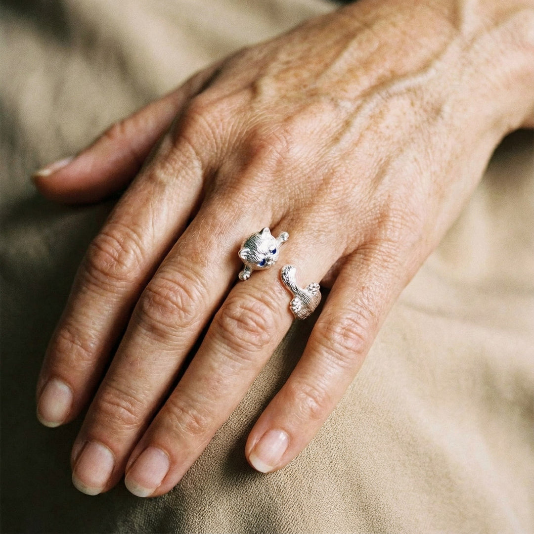 Anillo Ajustable de Plata 925 con Gatito