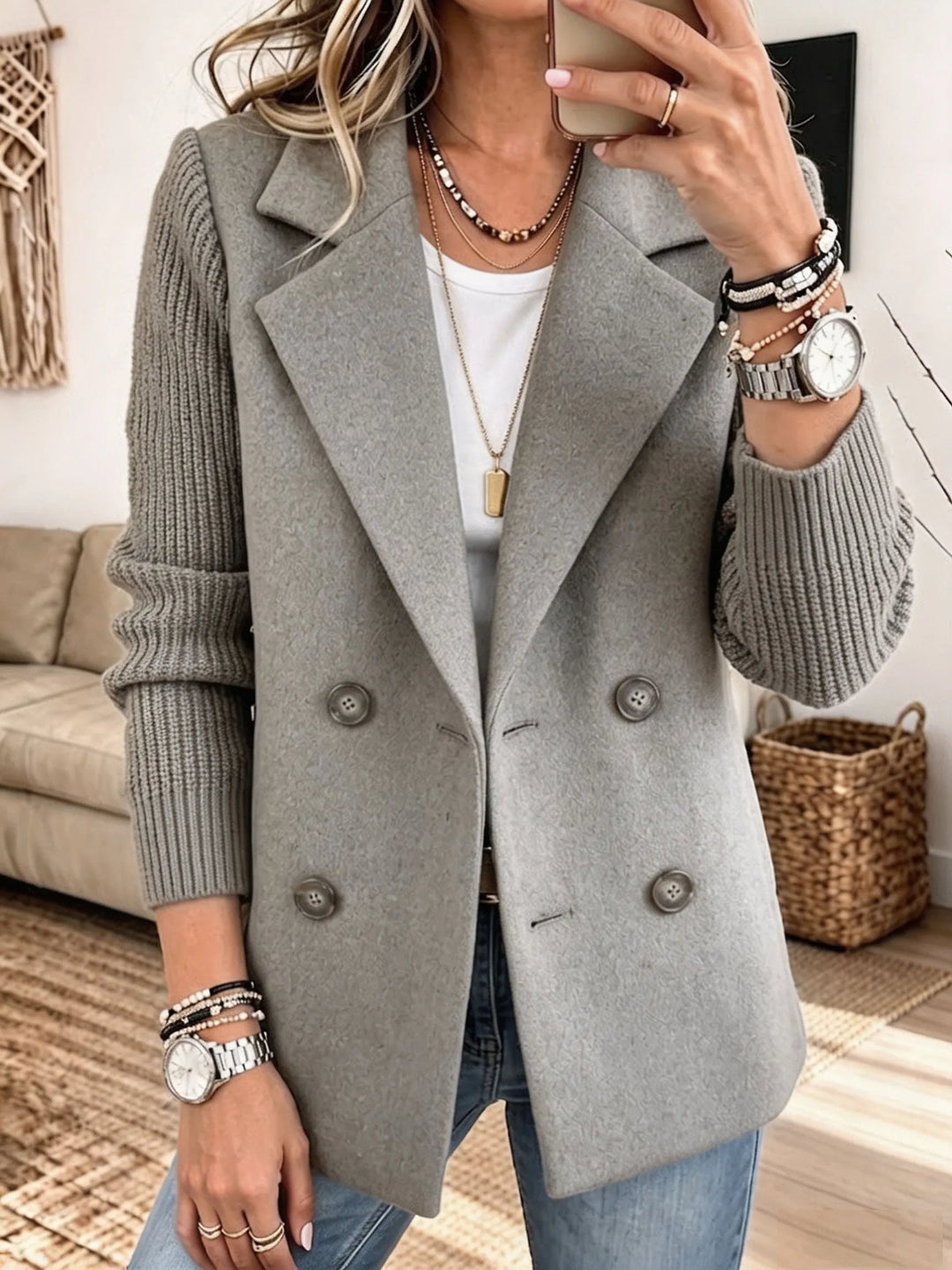 Blazer para Damas con Mangas Tejidas — Elegante y Cálido