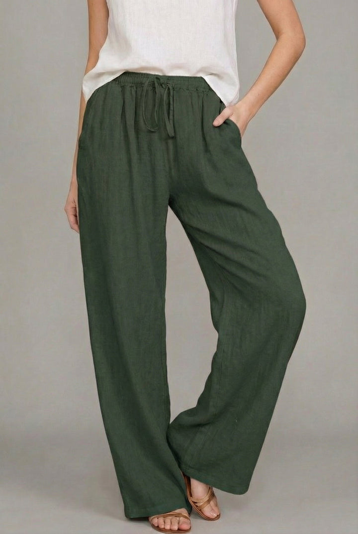 Abril | Pantalón de Lino Pierna Ancha Mujer Cintura Elástica Cordón