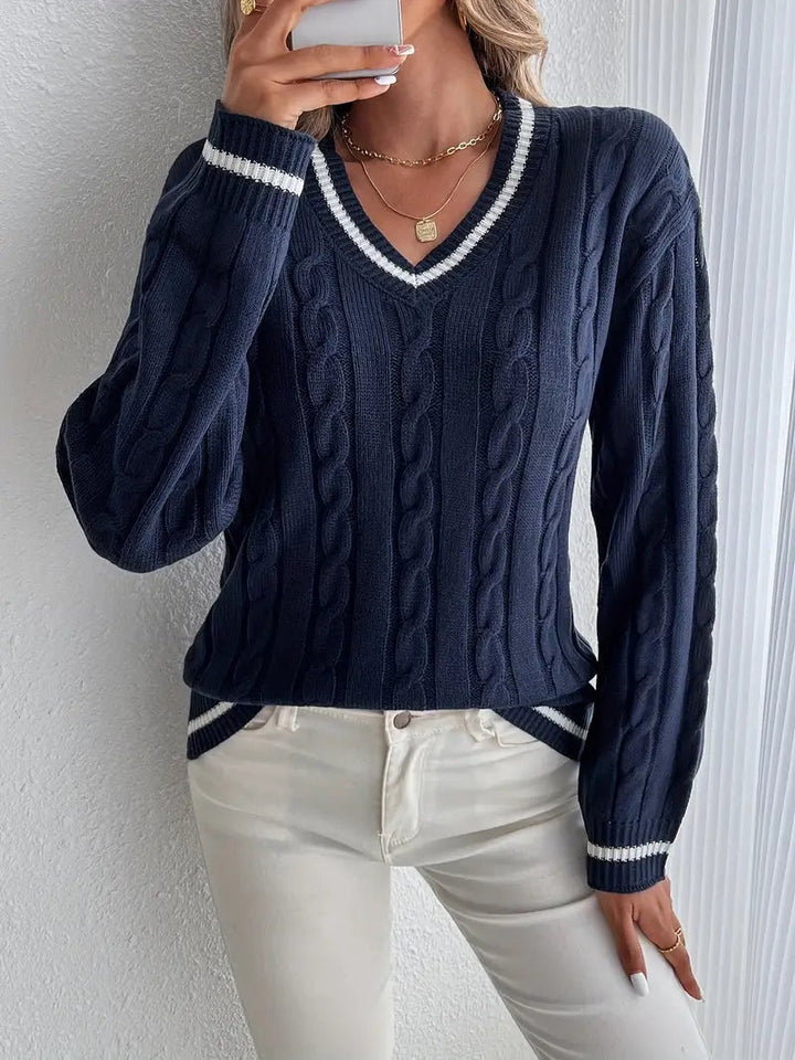 Alma | Jersey de Punto Cableado Mujer Escote V Rayas