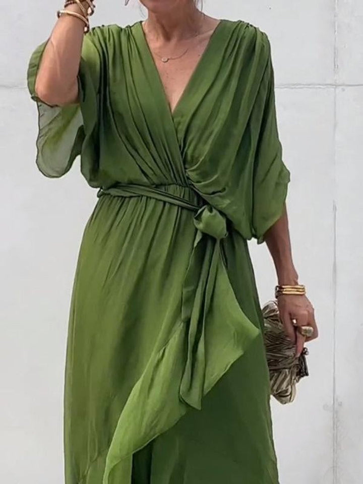 Amaia | Vestido Midi Drapeado Asimétrico de Gasa Mujer Escote V Cinturón