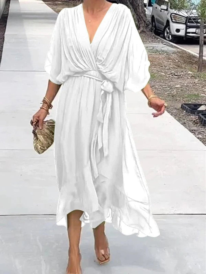 Amaia | Vestido Midi Drapeado Asimétrico de Gasa Mujer Escote V Cinturón