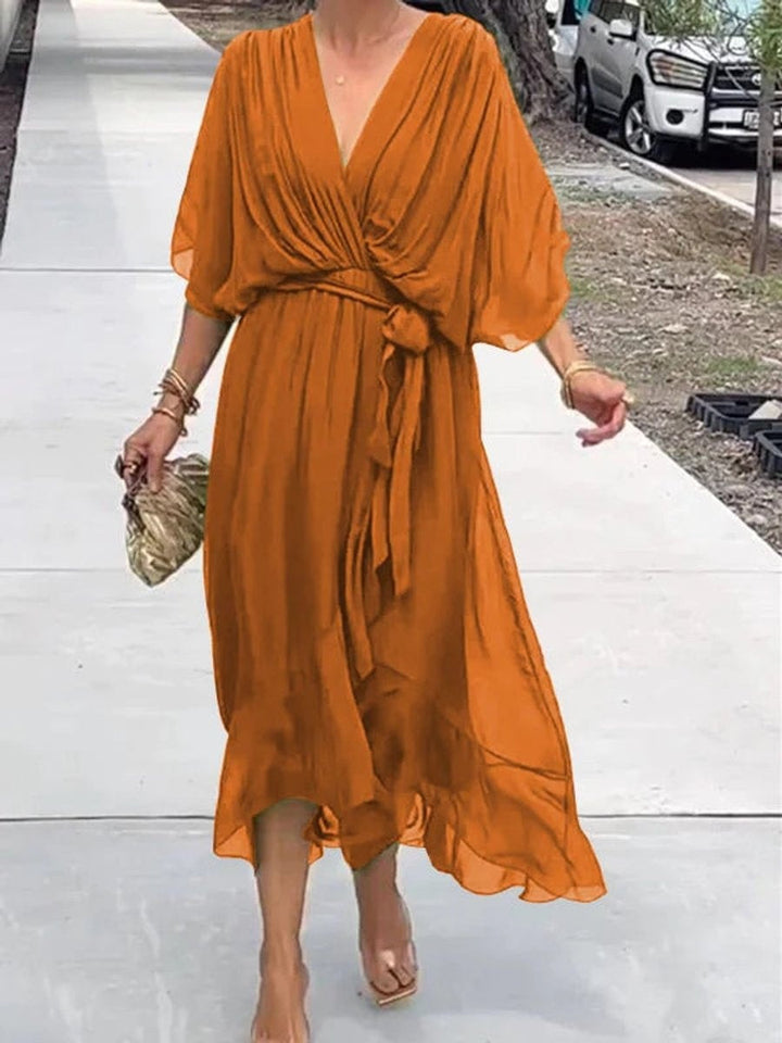 Amaia | Vestido Midi Drapeado Asimétrico de Gasa Mujer Escote V Cinturón