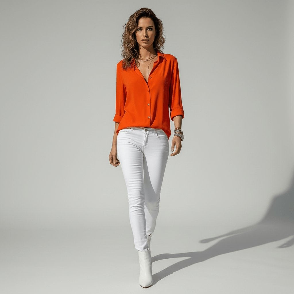 Beatriz | Camisa Blanca de Manga Larga Mujer Botones Cuello Solapa