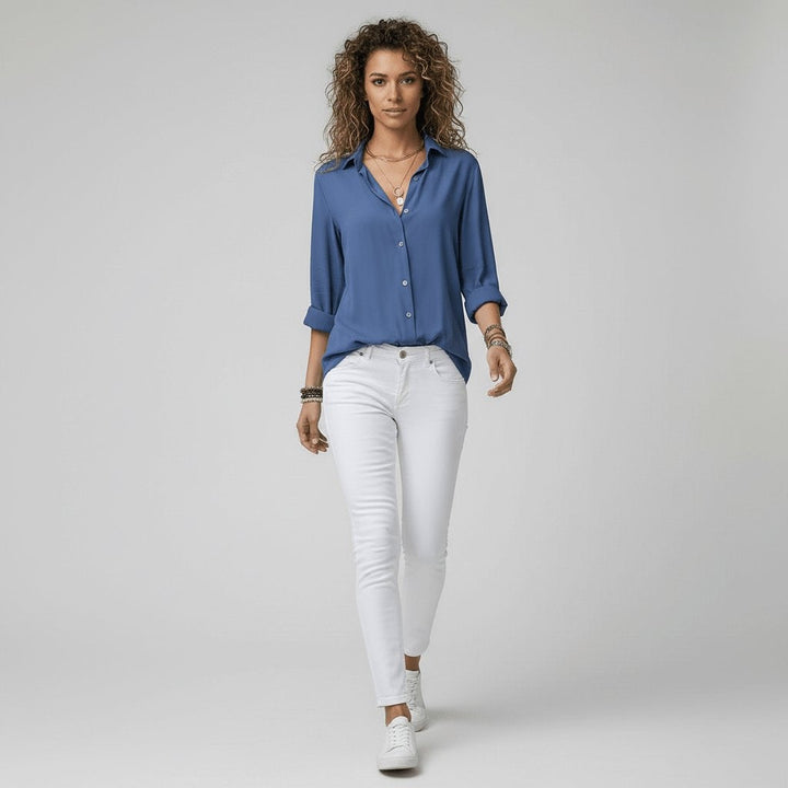 Beatriz | Camisa Blanca de Manga Larga Mujer Botones Cuello Solapa