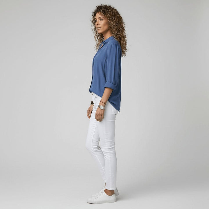 Beatriz | Camisa Blanca de Manga Larga Mujer Botones Cuello Solapa