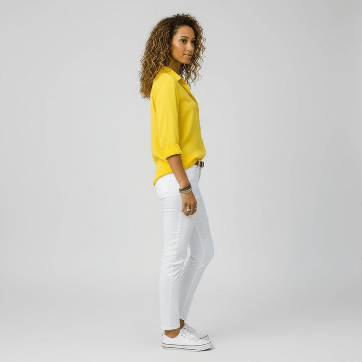 Beatriz | Camisa Blanca de Manga Larga Mujer Botones Cuello Solapa