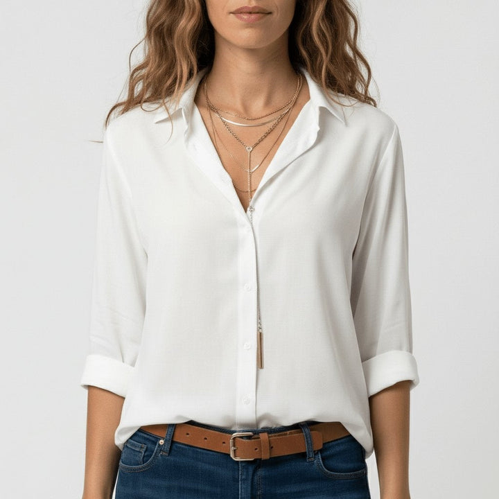 Beatriz | Camisa Blanca de Manga Larga Mujer Botones Cuello Solapa