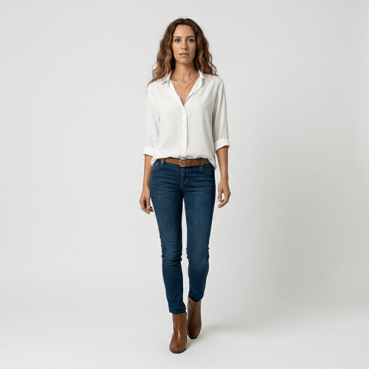 Beatriz | Camisa Blanca de Manga Larga Mujer Botones Cuello Solapa