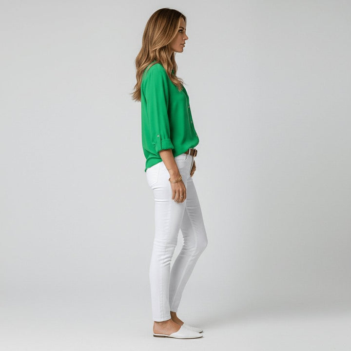 Beatriz | Camisa Blanca de Manga Larga Mujer Botones Cuello Solapa