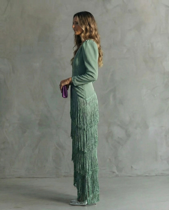 Beatriz | Vestido Largo de Invitada Boda Invierno Mujer Manga Larga Flecos