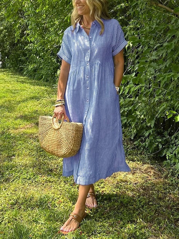 Carla | Vestido Midi Camisero de Rayas Mujer Manga Corta