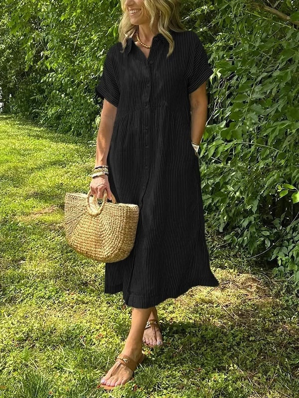 Carla | Vestido Midi Camisero de Rayas Mujer Manga Corta