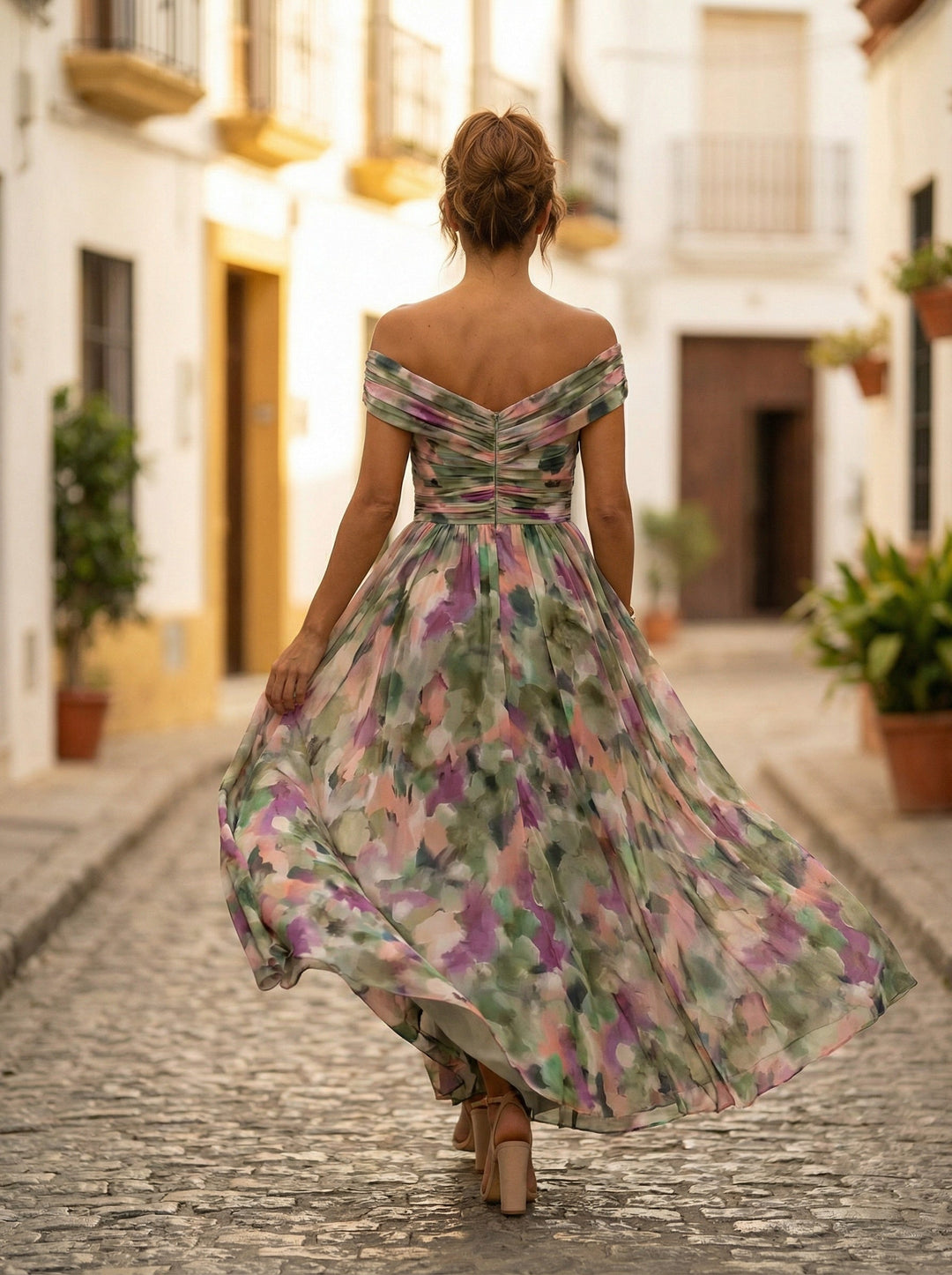 Carmela | Vestido Largo de Gala Hombros Descubiertos Mujer Plisado