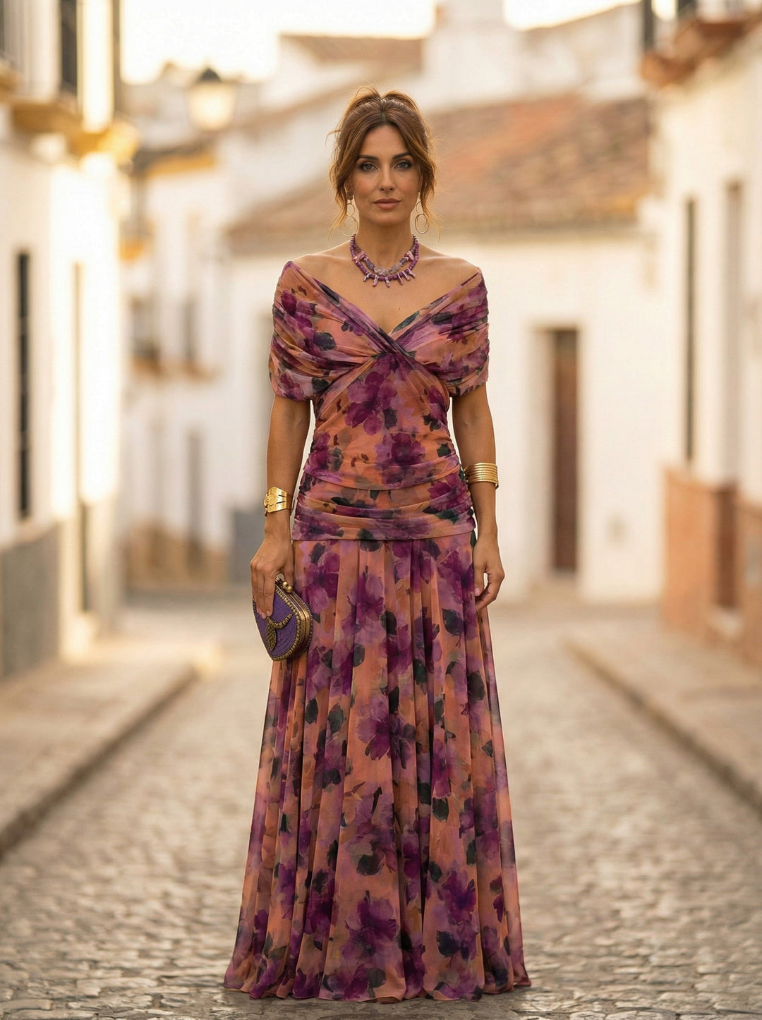 Carmela | Vestido Largo de Gala Hombros Descubiertos Mujer Plisado
