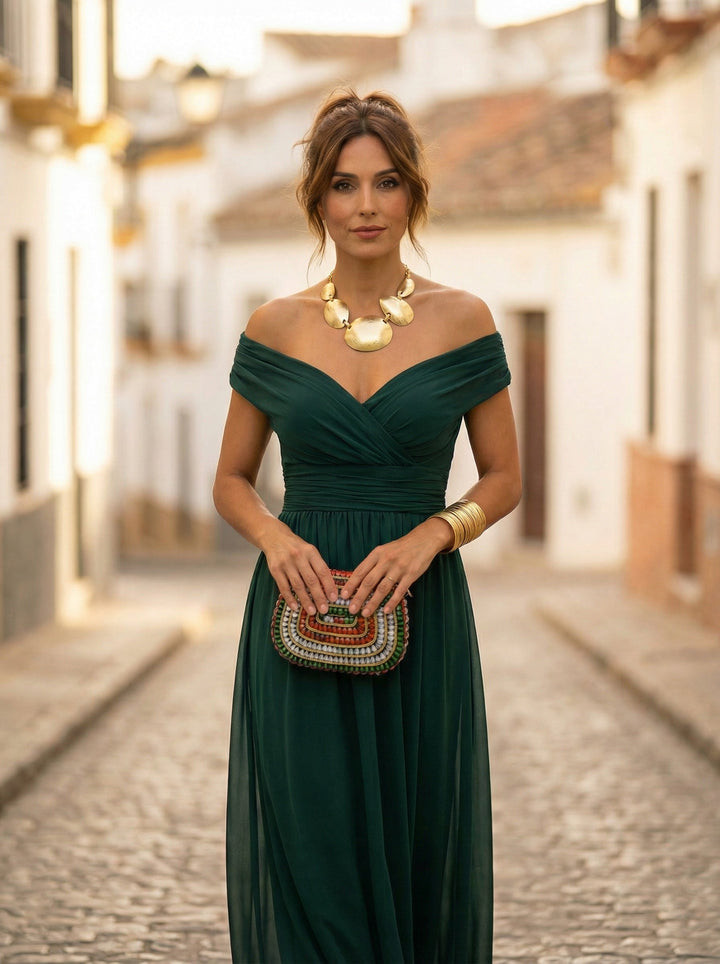 Carmela | Vestido Largo de Gala Hombros Descubiertos Mujer Plisado
