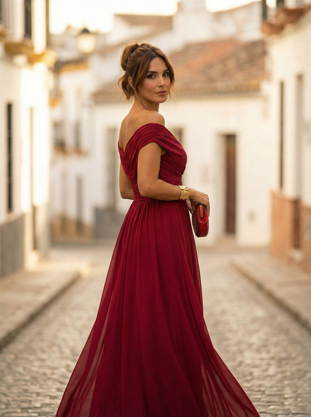 Carmela | Vestido Largo de Gala Hombros Descubiertos Mujer Plisado