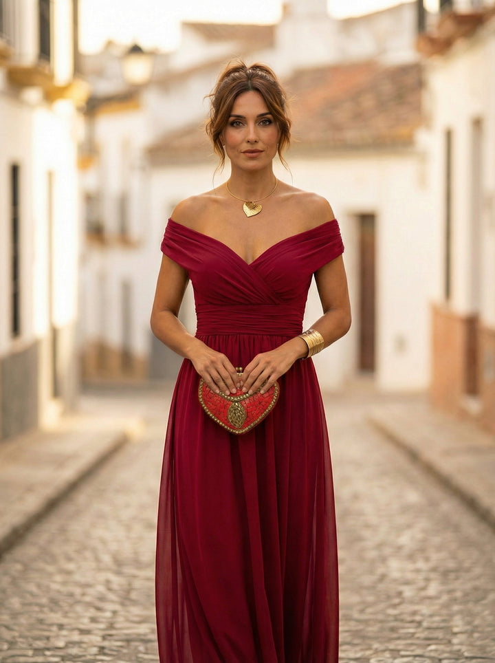 Carmela | Vestido Largo de Gala Hombros Descubiertos Mujer Plisado