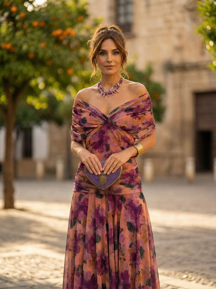 Carmela | Vestido Largo de Gala Hombros Descubiertos Mujer Plisado